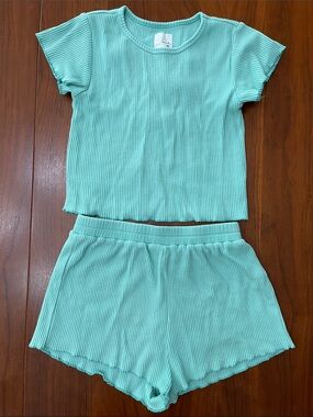Raised by Water Girls Ribbed Matching Set - Teal Short Sleeve Top & Shorts